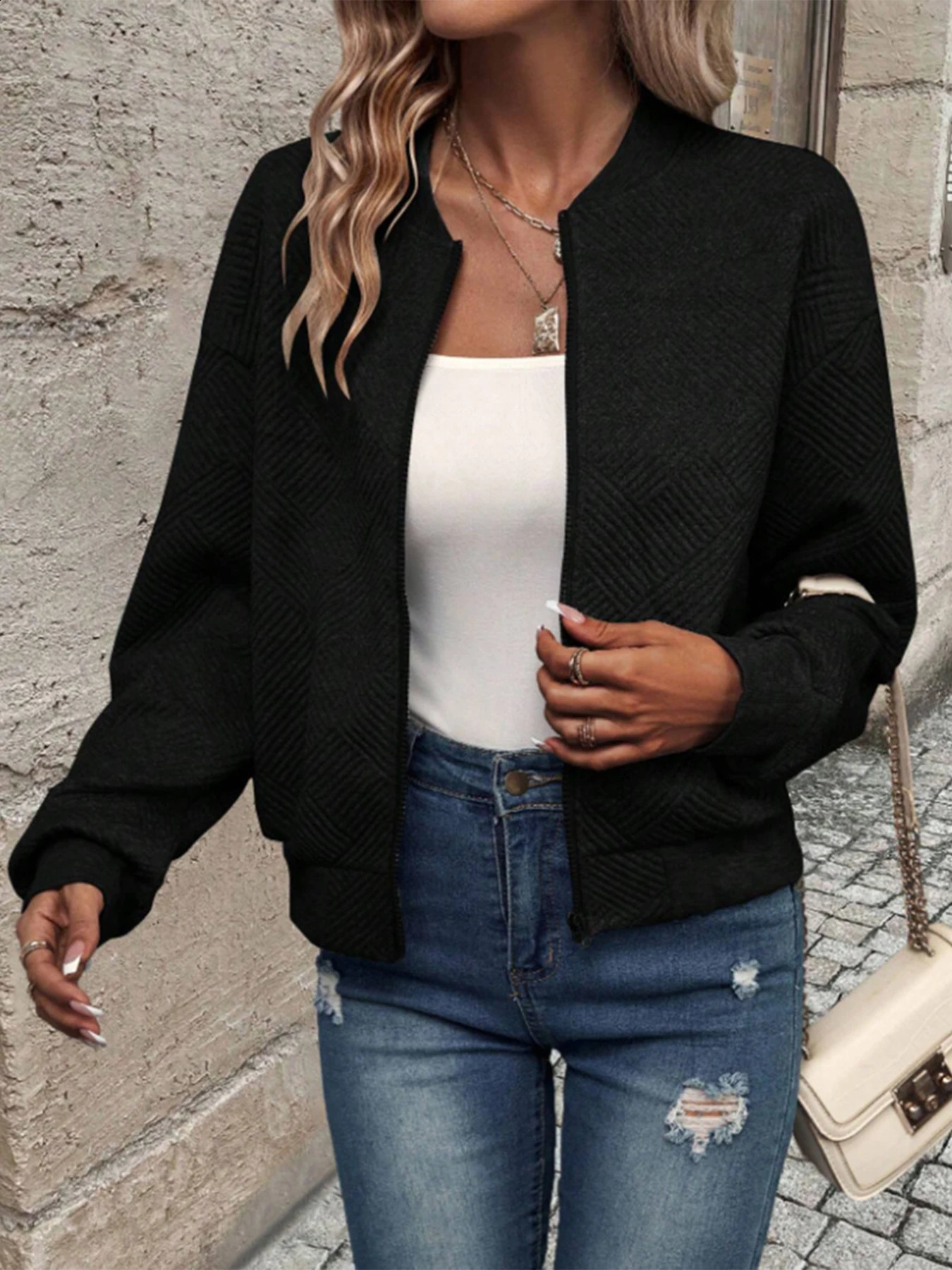 womens long sleeved knitted open zipper decoration warm solid color jacket 250319