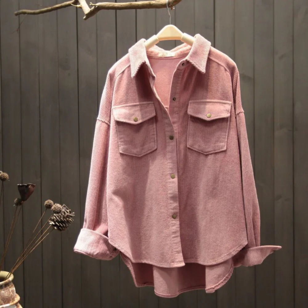 Fashion Retro Art Coral Shirt and Womens Irregular Long Sleeve Pocket Korean Loose Summer Coat Full Match 250319