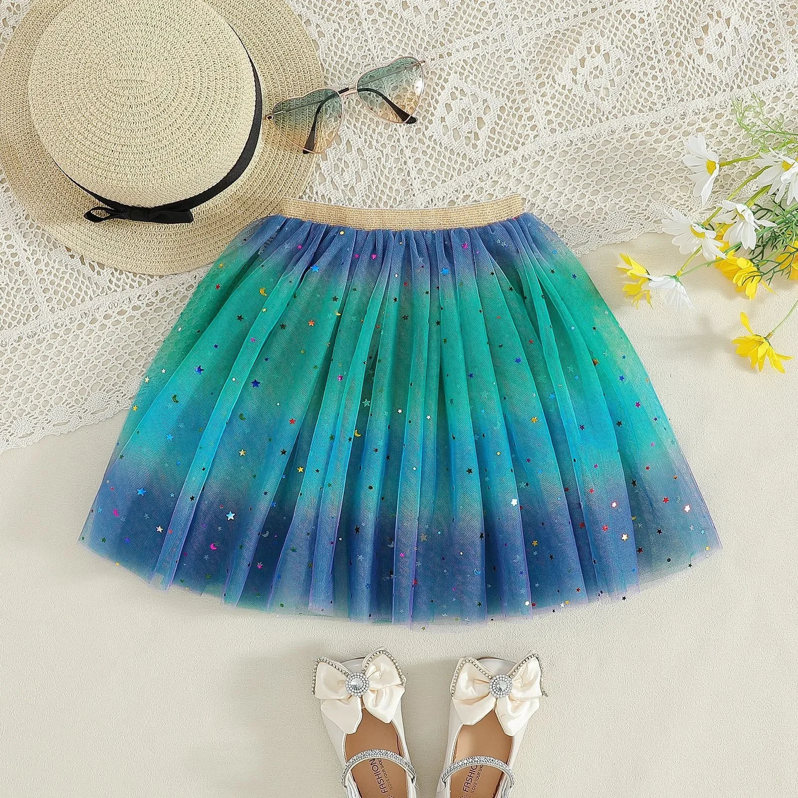 2025 Girls Tulle Star Short Rainbow Tutu Skirt Children Fancy Ballet Dancewear Party Costume Ball Gown Kids Mini Skirt 2-8Y 250319