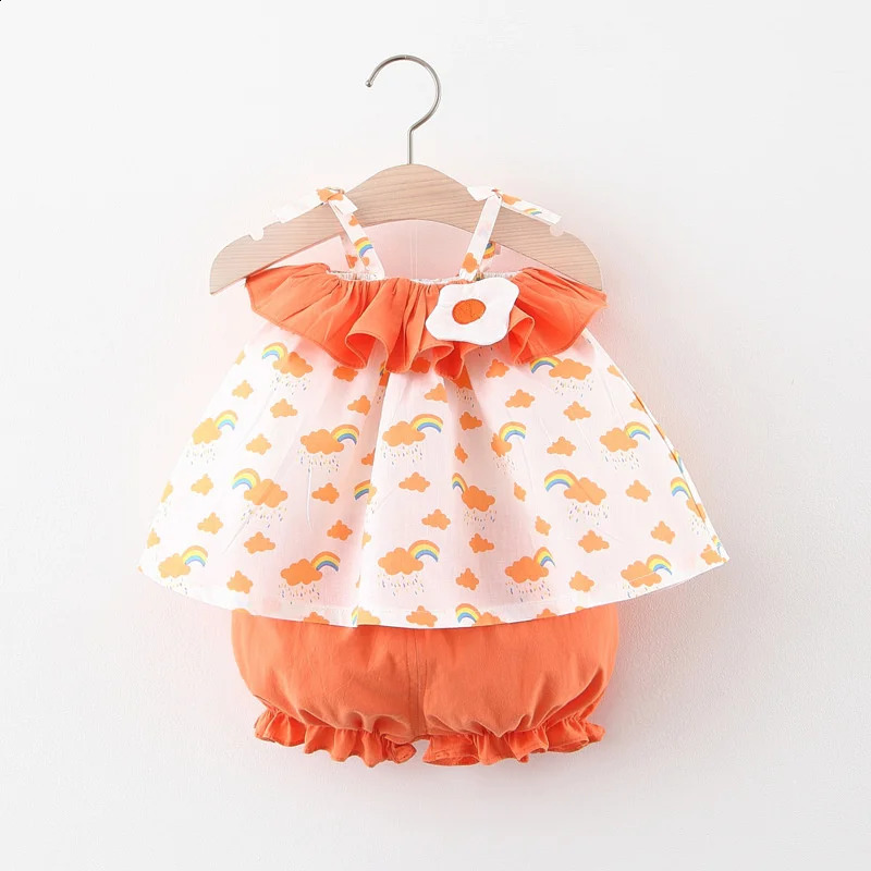 Summer 2piece set suitable for girls baby tops and shorts solid color lace cartoon rainbow cloud printed hover 250319