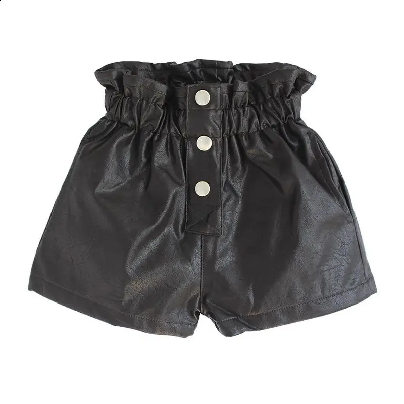 Spring Summer Autumn Girls Fashion Pu Leather Shorts with Buttons 250319