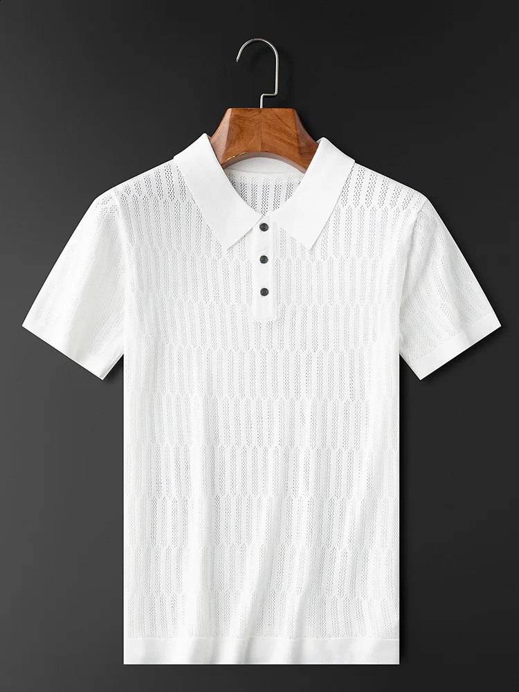 Light summer thin ice silk hollow-out knitted T-shirt mens short sleeve summer fashion jacquard lapel casual POLO shirt 250317
