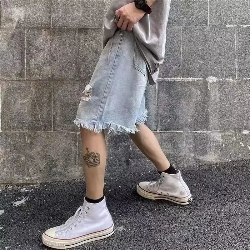 Mens Retro Hollow Open n Straight Jeans Shorts Street Clothing Trend 2025 SpringSummer Fashion Denim 250319