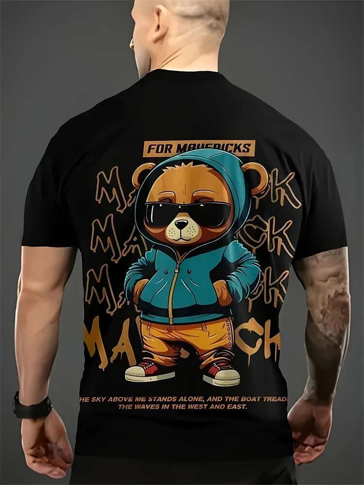 Hip-Hop Style Cartoon Bear Print T-Shirt Summer Casual Everyday Top Urban Street Fashion Men's Oversized Short Sleeve Tees
