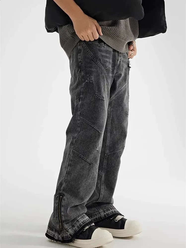 Cyber Y2K Streetwear Wrinkled Pocket Jeans Mens 90s Retro Clothing Ankle Zipper Hip Hop Cotton Pants 250317