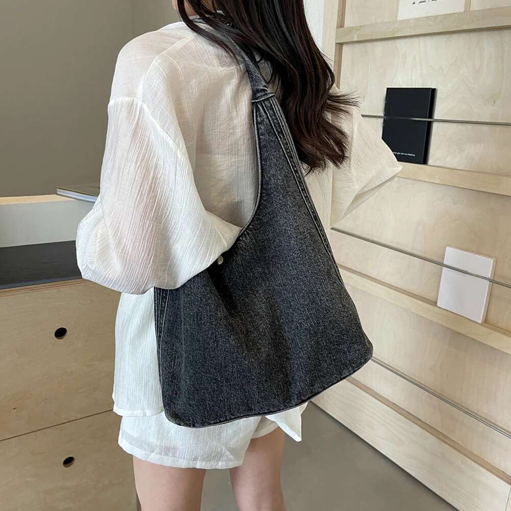 Women Vintage Shoulder Large Capacity Denim Simple Hobo Solid Color Versatile Shopping Female Daily Commute Bag