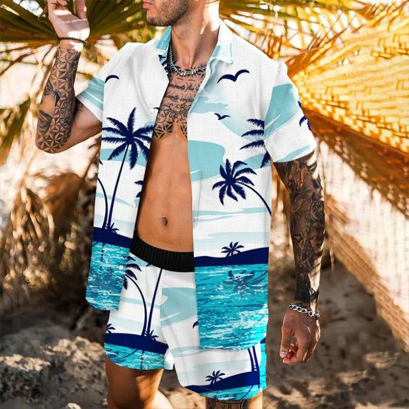Summer floral print short sleeved beach shorts two sets for casual vacation mens casual 2-piece set 250317
