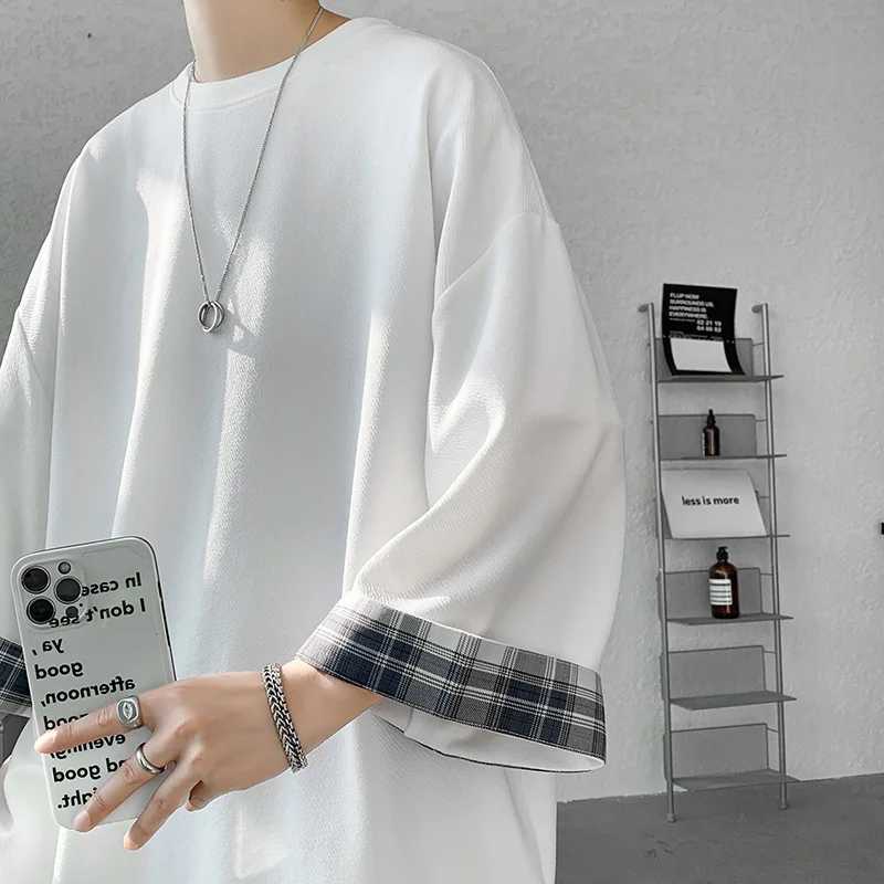 Mens summer mens T-shirt womens oversized 2XL Korean loose plain T-shirt casual seven sleeve mens white T-shirtT250318