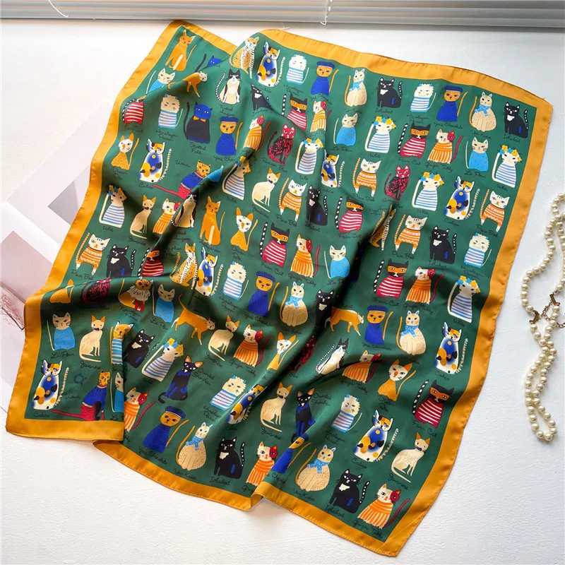 2023 Silk Shawl Print Scarf Cat Hair Wrap Neckerchief Fem Satin Square Scarf For Wen band Foard Hijab Bandana X250319