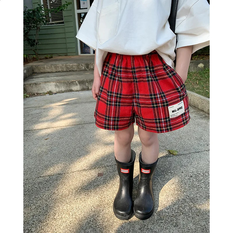 5789 Childrens Short Spring/summer 2025 Girls Red Plaid Pants Korean 2-10Year Kids Skirt Pants 250319