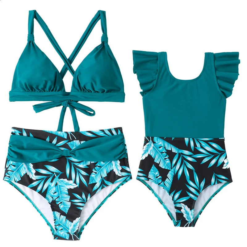 Mother Daughter Matching Swimsuits Family Set Ruffled Mommy and Me Swimwear Flower Fashion Women Girls Bikini Dresses Clothes 250319