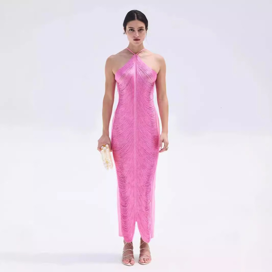 GY2398 Fashion Tassel Back Split Hanging Neck Dress