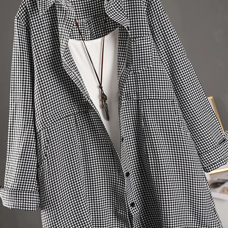 Fashionable and elegant womens shirt with grid pattern weight loss effect perfect for spring summer 250319