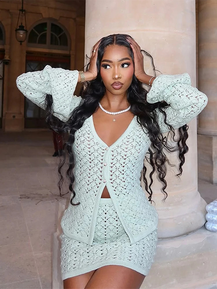 Hollow Out Knitted Top Skirt Sets Women Long Sleeve Single Breasted V-neck Coat Skirts Suits Spring Holiday Street Lady Outfits 250319