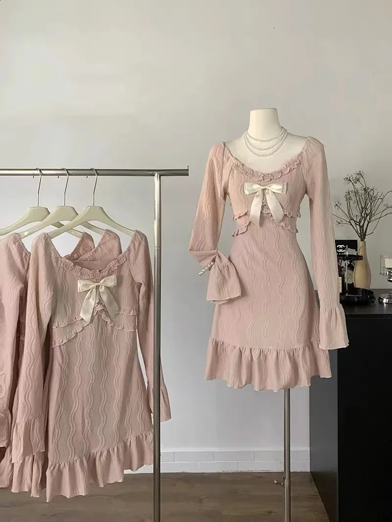Pink Sweet Slim Y2k Mini Dress Woman French Elegant Flare Sleeve Dress Party Casual One Piece Dress Korean Fashion 250319
