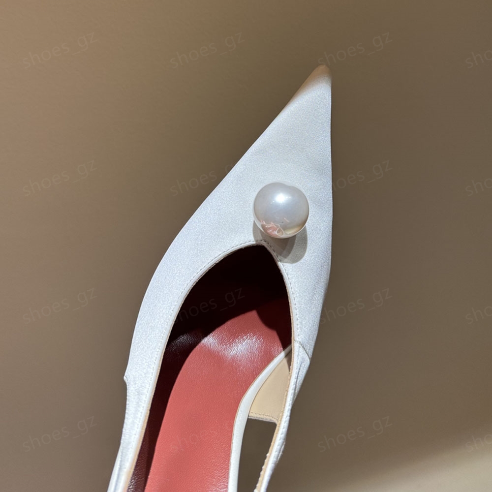 Magda Butrym Faux-Pearl flower Embellished satin Dress shoes Sandals heeled pumps Pointed Toes Slip-on designer high heel Women Evening Party Wedding 