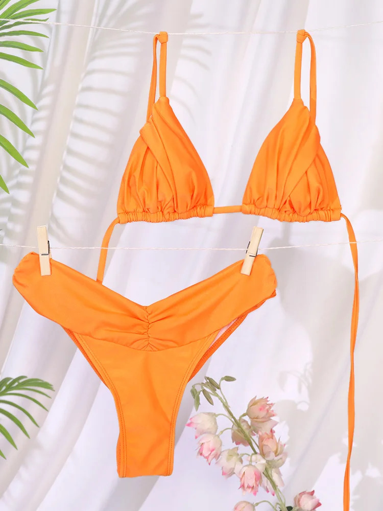 2025 High Waist Sexy Folding Bikini Set Solid Micro Womens Swimsuit Triangle Beach 250311