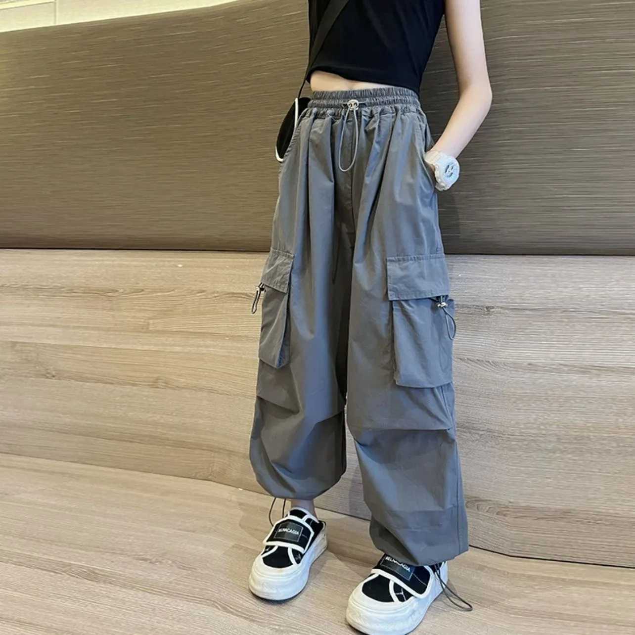Girls work pants childrens summer casual pants medium to large-sized childrens loose casual pantsT250318