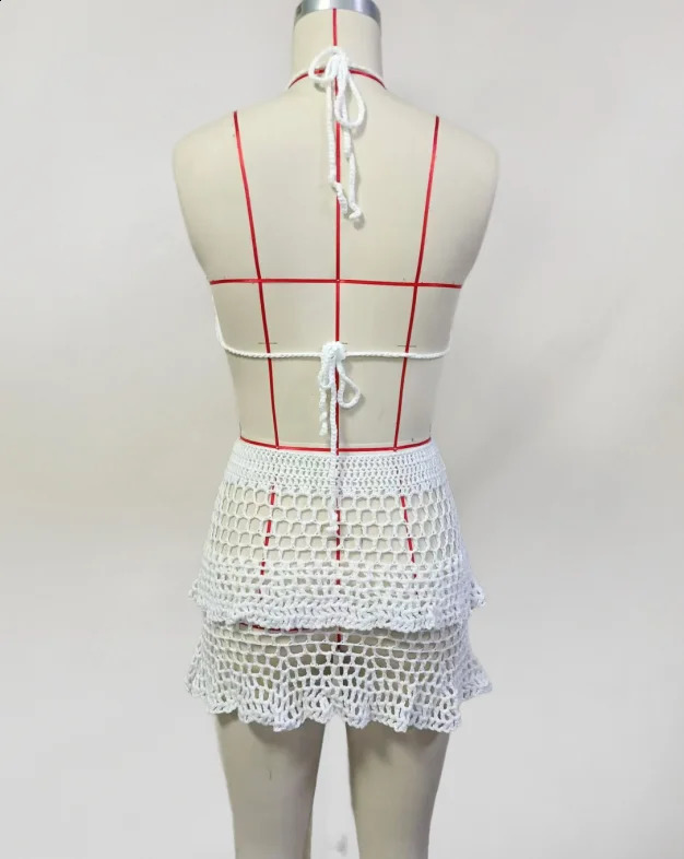 Sexy Knitted Hollow Out Bikini Skirt Sets Women 3d Flower Halter Vest Top Fold Short Skirts 2025 Summer Chic Beach Outfits Lady 250319