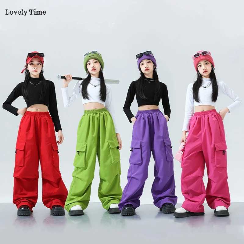 Girls K-pop Crop Top Colorful Joggers Pants Child Hip Hop Streetwear Cargo Pant Clothes Sets Kids Stage Girl Group Jazz CostumesT250318