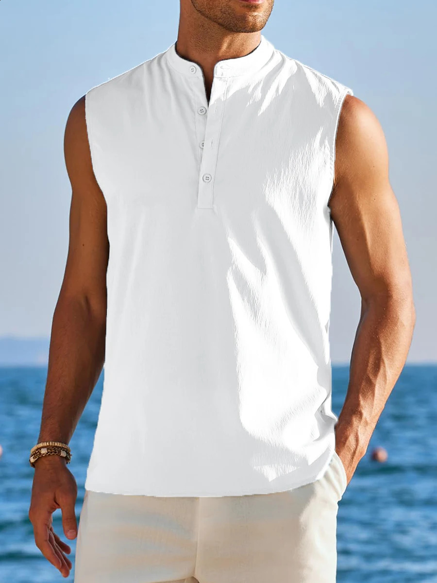 Mens casual hippie style collarless Henry collar vest street clothing solid color loose fit Tshirt summer 250319