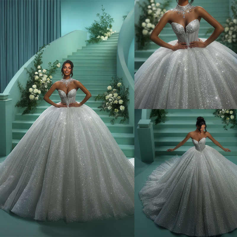 Exquisite Ball Gown Wedding Dresses With Sleeveless Tiered Lace Appliques Bling Sequins Bridal Gowns Elegant Luxury Dubai Custom Made Vestidos De Novi