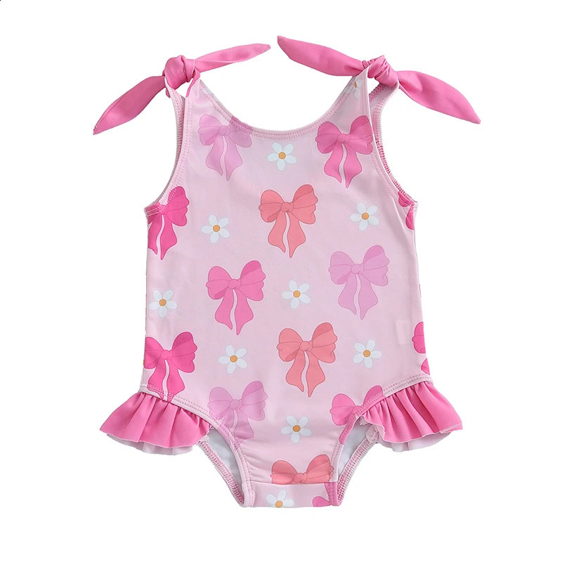 1-6T Toddler Girl Rash Guard Swimsuit Floral/Bowknot Print Sleeveless Tie Up Bathing Suit Beach Holiday Swimwear 250319