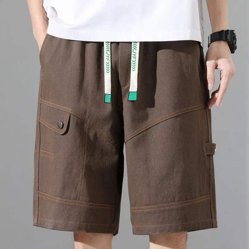 Fashion elastic splicing straight denim shorts mens summer loose Korean high waisted knee casual shorts 250317