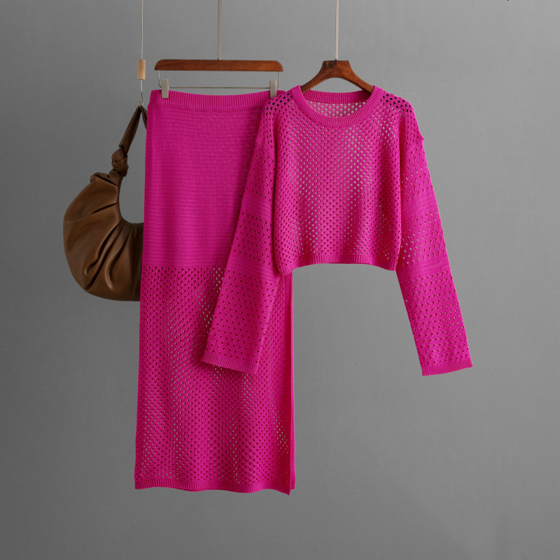 Women's 2024 new summer hollow knitted sweater long skirt fashion two-piece dress set