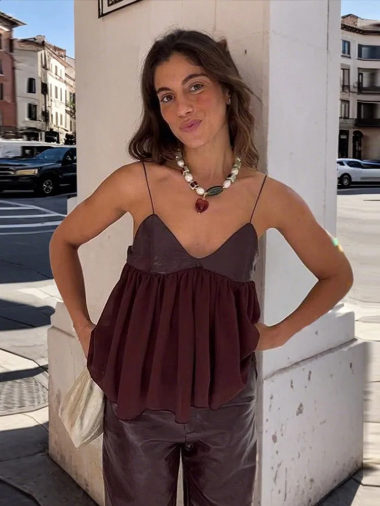 PU Patchwork Vest Womens Sling V-Neck Pleated Sleeveless Leather Tank 2025 Spring Summer Loose Suspender Waistcoat Lady Clothes 250319