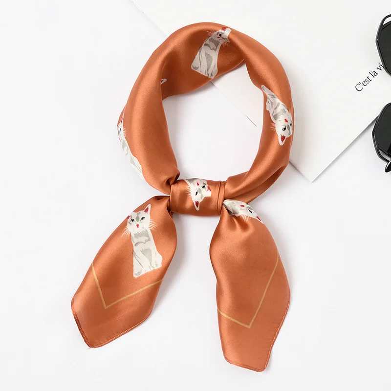 New fashion cat print silk square scarf 60cm with headband used for womens neck satin scarf handle X250319