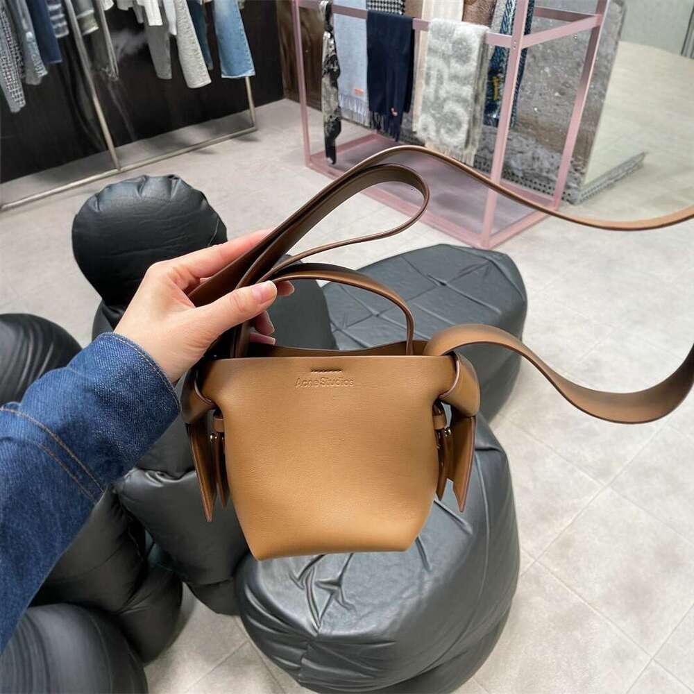 Swedish Niche AS Women's Cowhide Simple Bow Handbag Bucket Single Shoulder Crossbody Bag