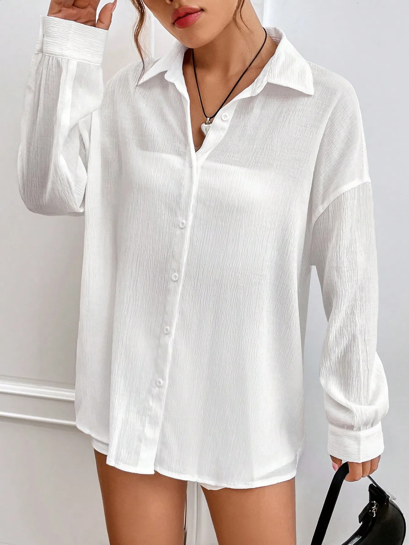 Womens Autumn 2025 Solid Color Collar Comfortable Button Down Shirt Sun Protective Clothing Lightweight 250319