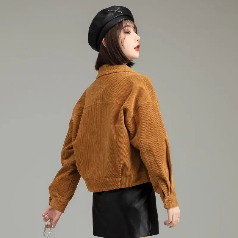 Corduroy jacket womens lapel 4 colors simple single chest student clothing autumn full match Korean style 250317