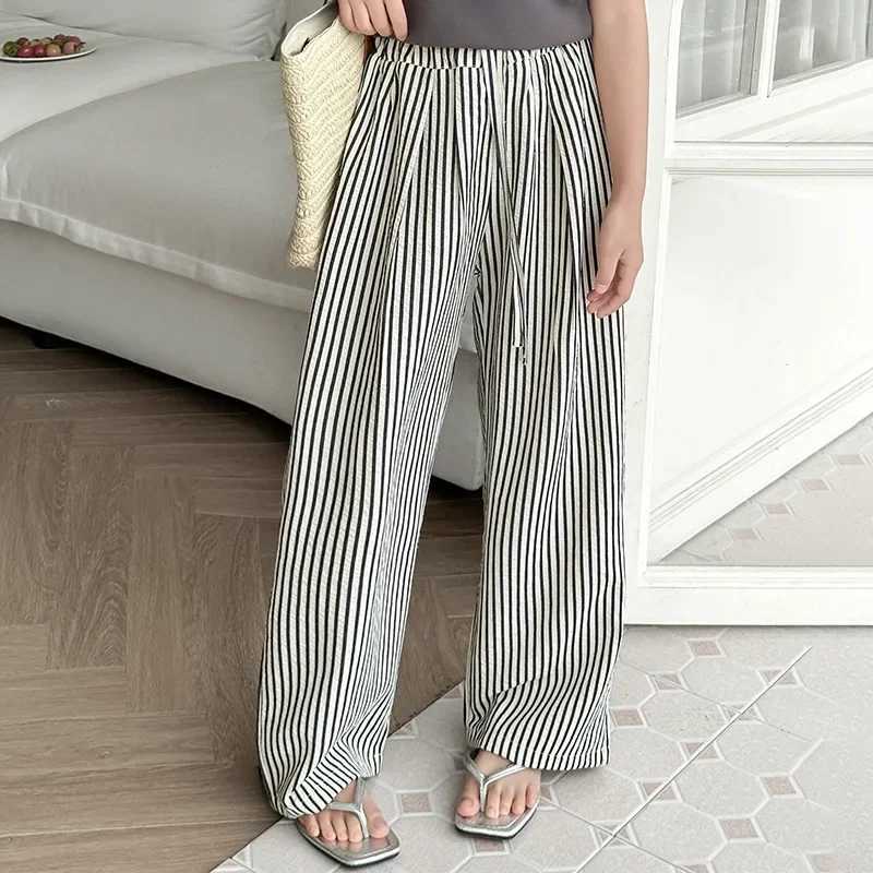 Teenage Girls Summer Pants Thin 2024 New Childrens Striped Wide Leg Pants Daily Casual Full Competition Children Trouser 6 8 10 12 Years OldT250318