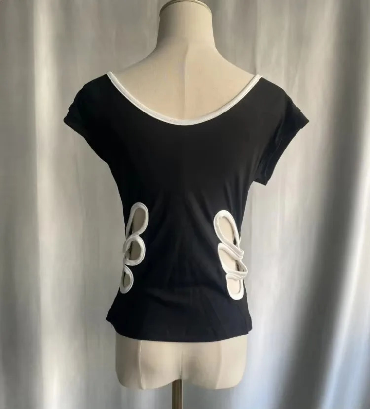 Vintage Hollow Out V Neck Backless Tees Women Summer Grunge Casual Female Tanks Patchwork Contrast Color Crop Top Y2k Aesthetic 250319