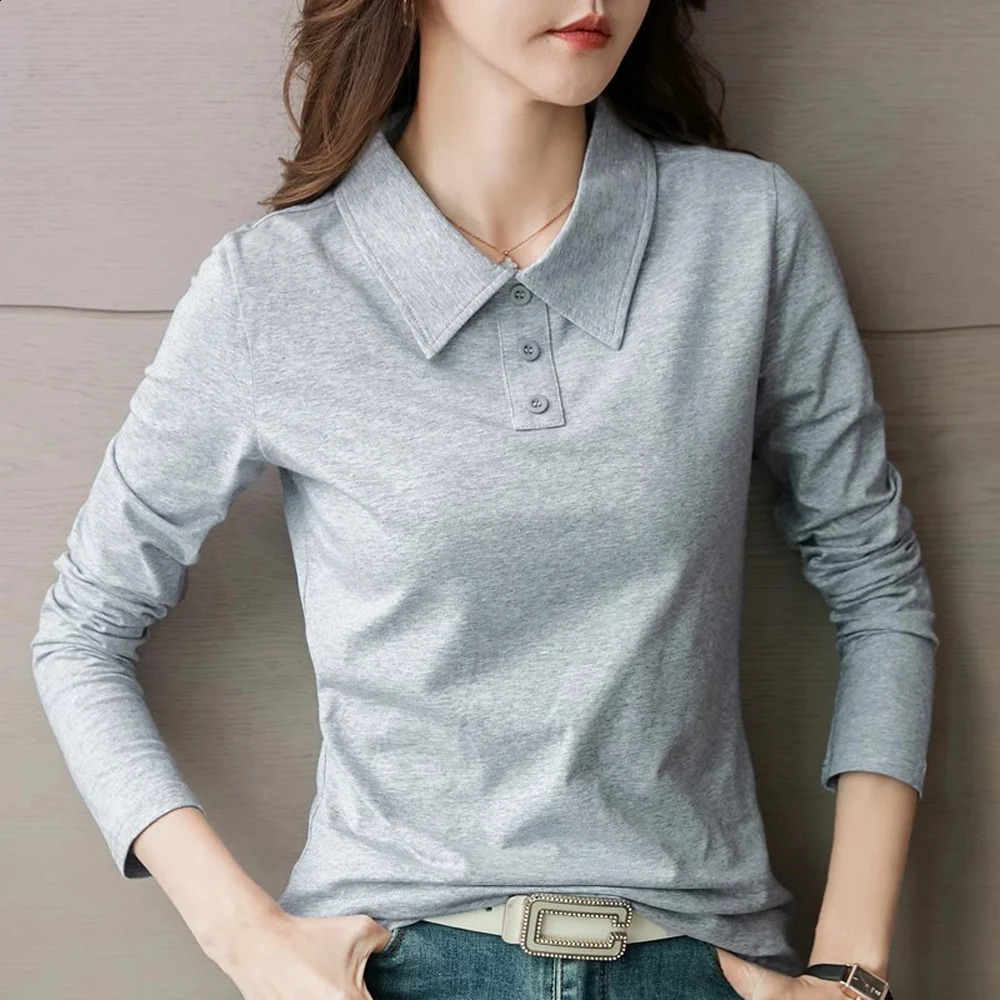Korean version pure cotton long sleeved T-shirt for womens autumn fashion style plus size lapel top casual polo shirt 250318