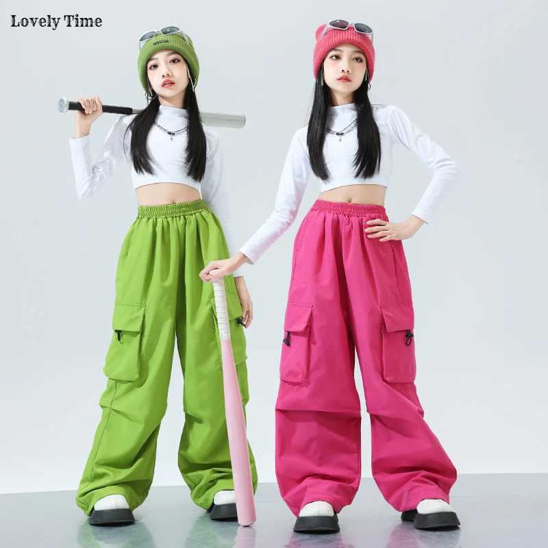 Girls K-pop Crop Top Colorful Joggers Pants Child Hip Hop Streetwear Cargo Pant Clothes Sets Kids Stage Girl Group Jazz CostumesT250318