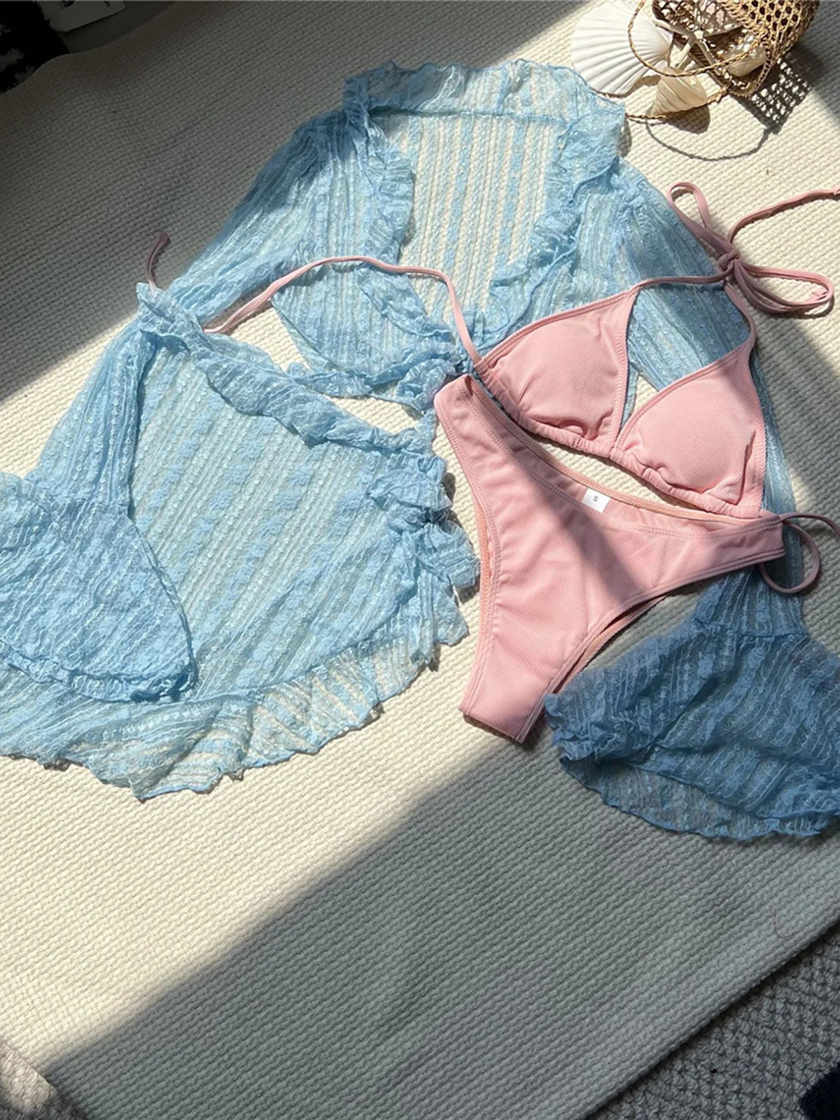 4-piece hanger with Sarong long sleeved bikini womens swimsuit womens swimsuit 4-piece bikini set bathroom swimsuit V6338B 250314