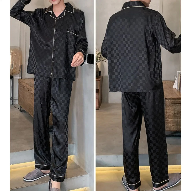 Fashion Pajamas Mens Spring and Autumn Long sleeved Pants Pajamas Youth Thin Ice Silk Summer Casual Set Pajamas 250317