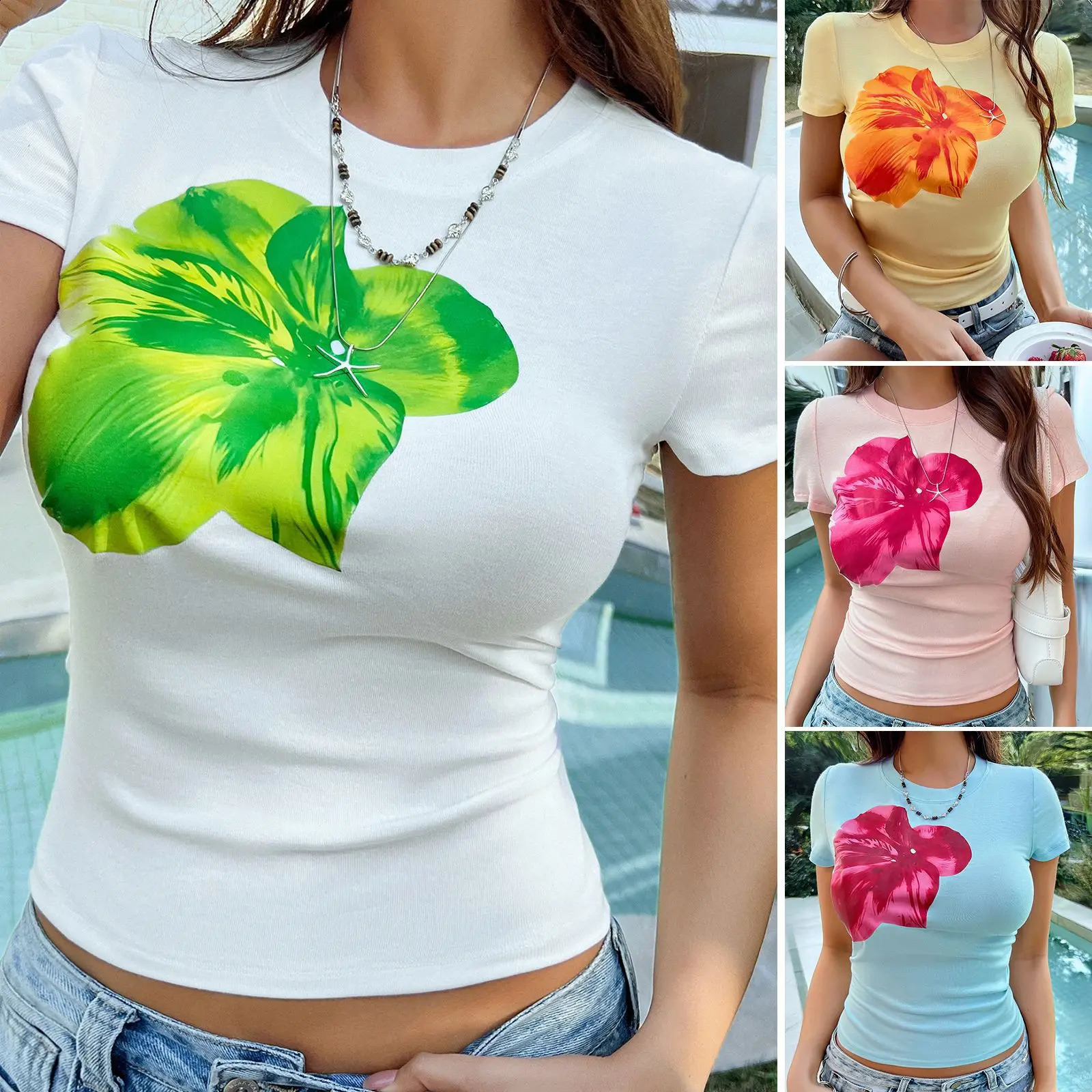 Summer Womens T-shirt Slim Fit Sexy Ladies Short Sleeve Tops Flower Printed Casual Tees for Women Y2k Spice Summer Tops 250318