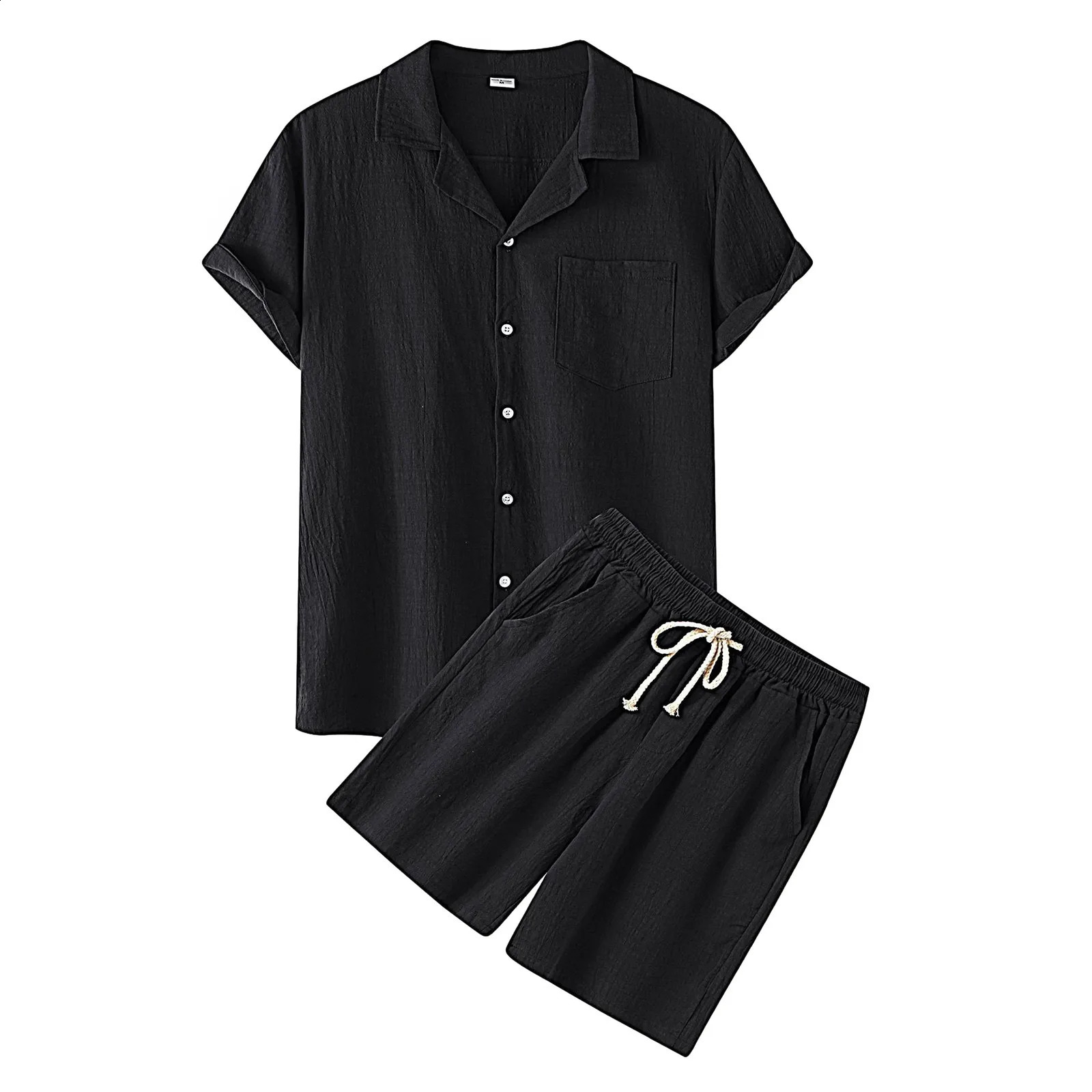 Mens Summer 2 Piece Shorts Set Solid Color Cotton Linen Short Sleeve Lapel Button Up Shirts TopShort Pants Set Sleepwear Pajamas 250317