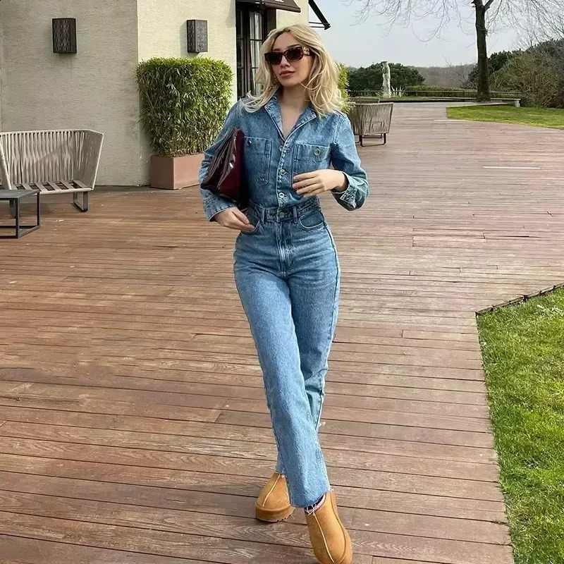 Autumn Denim Jumpsuit for Women Overalls Woman Jean Overalls Long Sleeve Elegant Jumpsuits Y2k Streetwear Turn Down Collar 250319