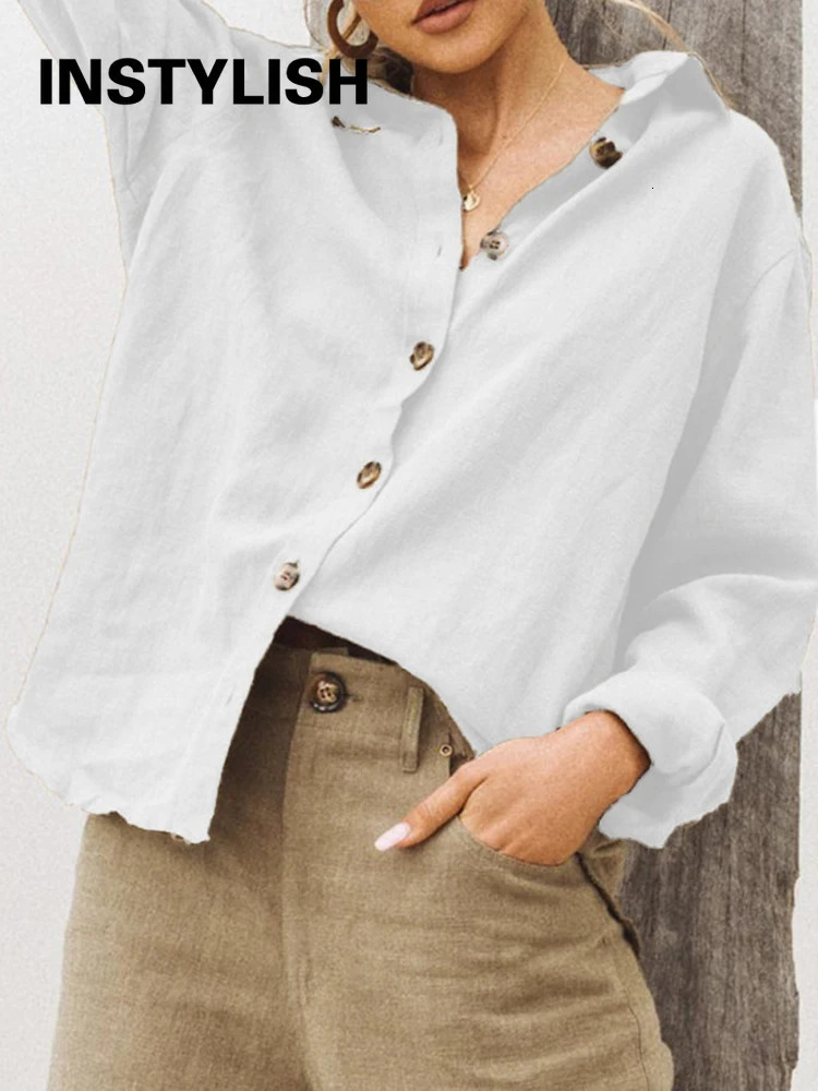 Casual Long Sleeve Cotton Linen Loose Womens Blouse Elegant Solid Vintage Harajuku Button Up Shirt Streetwear Oversized Tops 250318