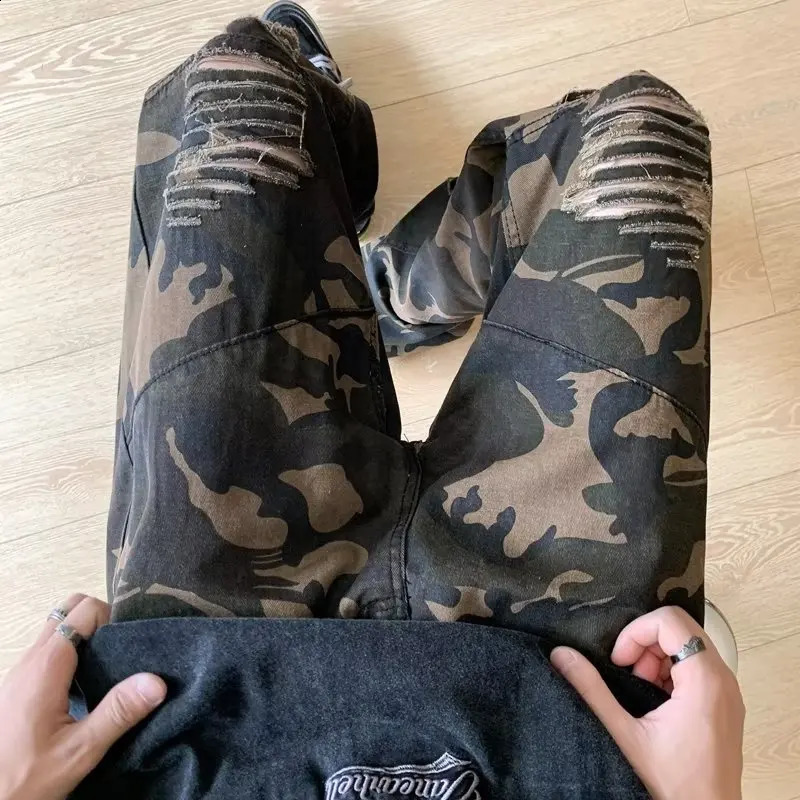 camouflage bag wide leg torn cargo Y2K mens clothing straight hip-hop pants Pantalon Homme 250317