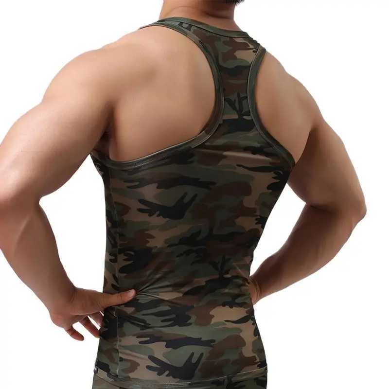 CLEVER-MENMODE quick drying mens tank top sleeveless fitness shirt camouflage single shoulder strap fitness vest elastic clothingT250318