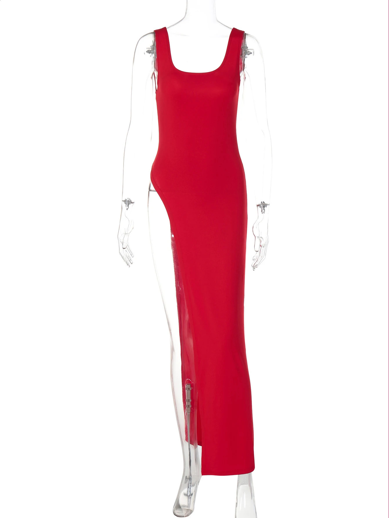 Hugcitar Fashion Solid Square Collar Straps Backless Slit Sexy Bodycon Maxi Dress Summer Women Y2K Outfits Party Vacation 250319
