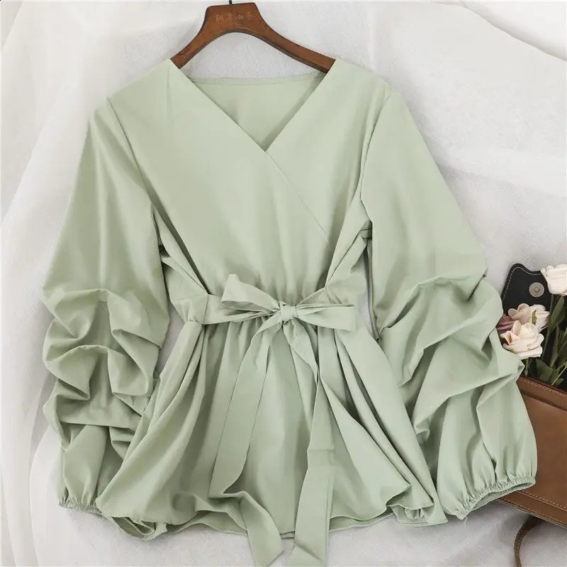 Womens Spring Lantern Sleeve Abdominal Top Warm Waist Office Exposed Collar Chiffon Shirt 250319