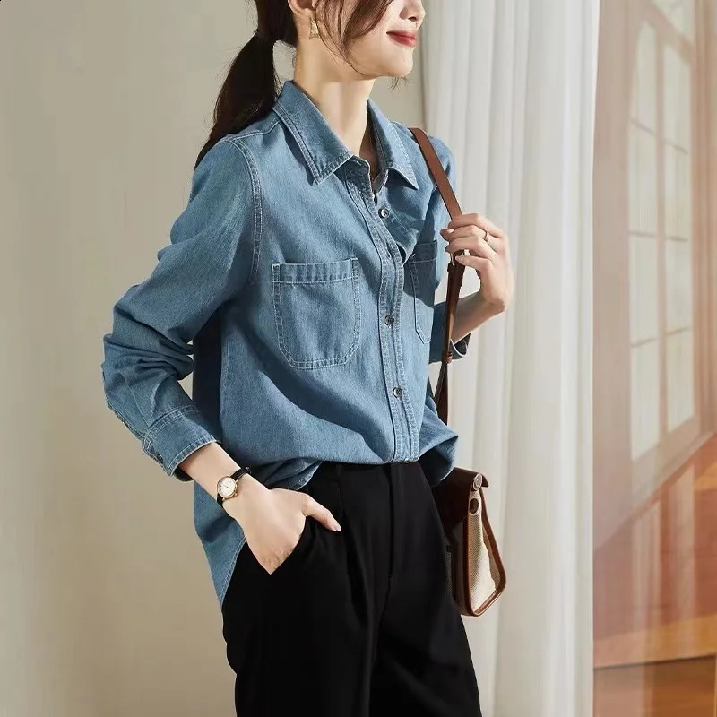 #3129 Blue Denim Shirts Women Long Sleeve Cotton 100% Vintage Jeans Shirts Femme Loose Ladies Tops And Blouses Spring Autumn 250318