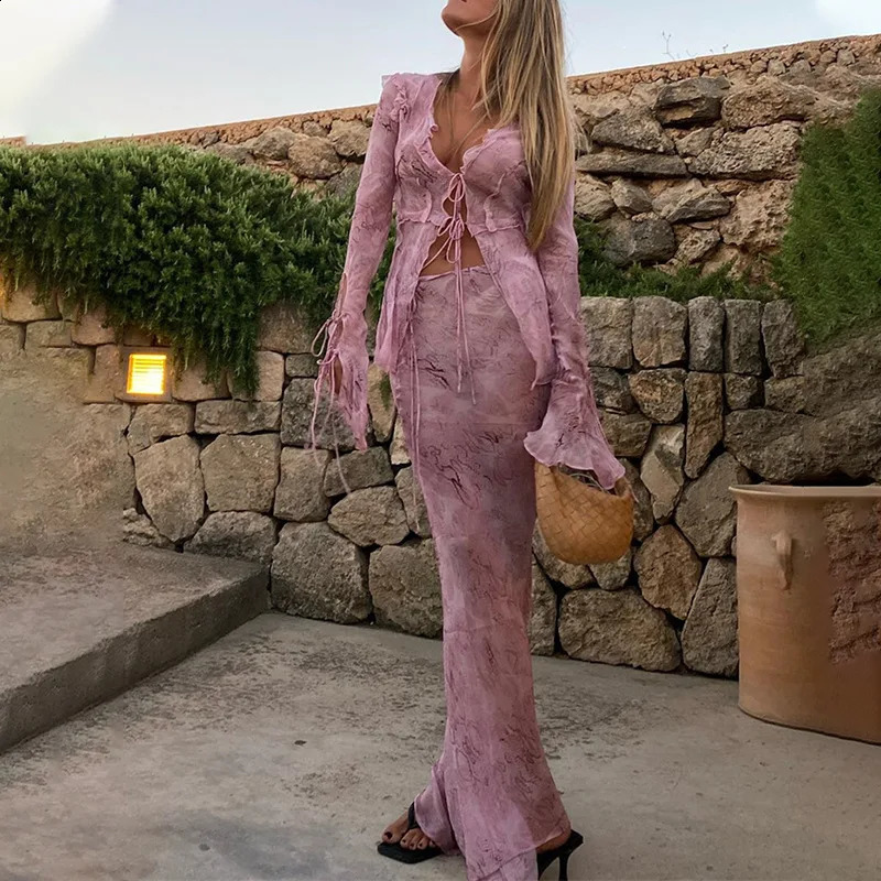 Y2K Beach Outfits Graphic Print 2 Piece Set Ruffles Mesh Front Tie Up T Shirts Crop Top Maxi Skirt Bodycon Women Fairy Grunge 250319